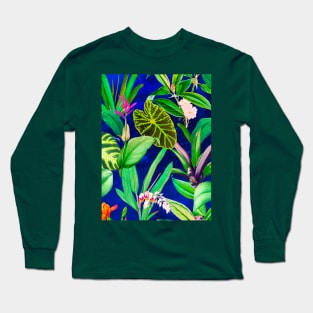 Stylish Tropical floral leaves and foliage botanical illustration, botanical pattern, tropical plants, blue leaves pattern over a Long Sleeve T-Shirt